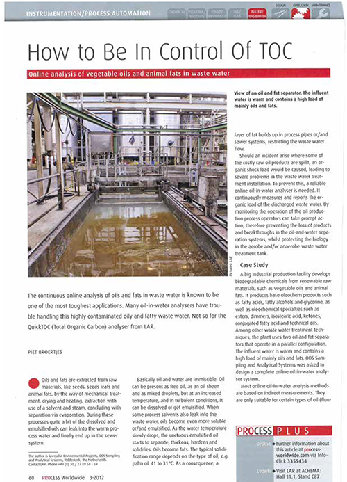 ONLINE ANALYSIS OF VEGETABLE OILS AND ANIMAL FATS IN WATER